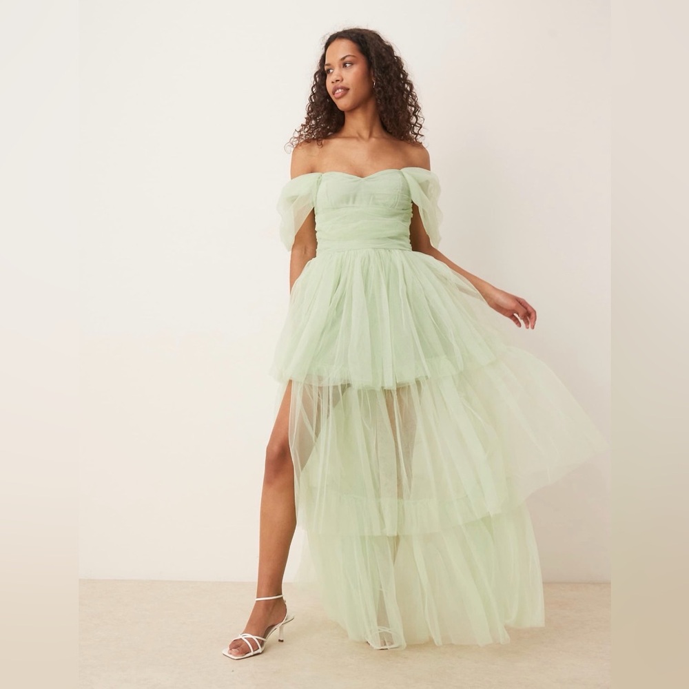 NWT Lace & Beads off shoulder high low tulle maxi dress in sage US 6 / UK 10